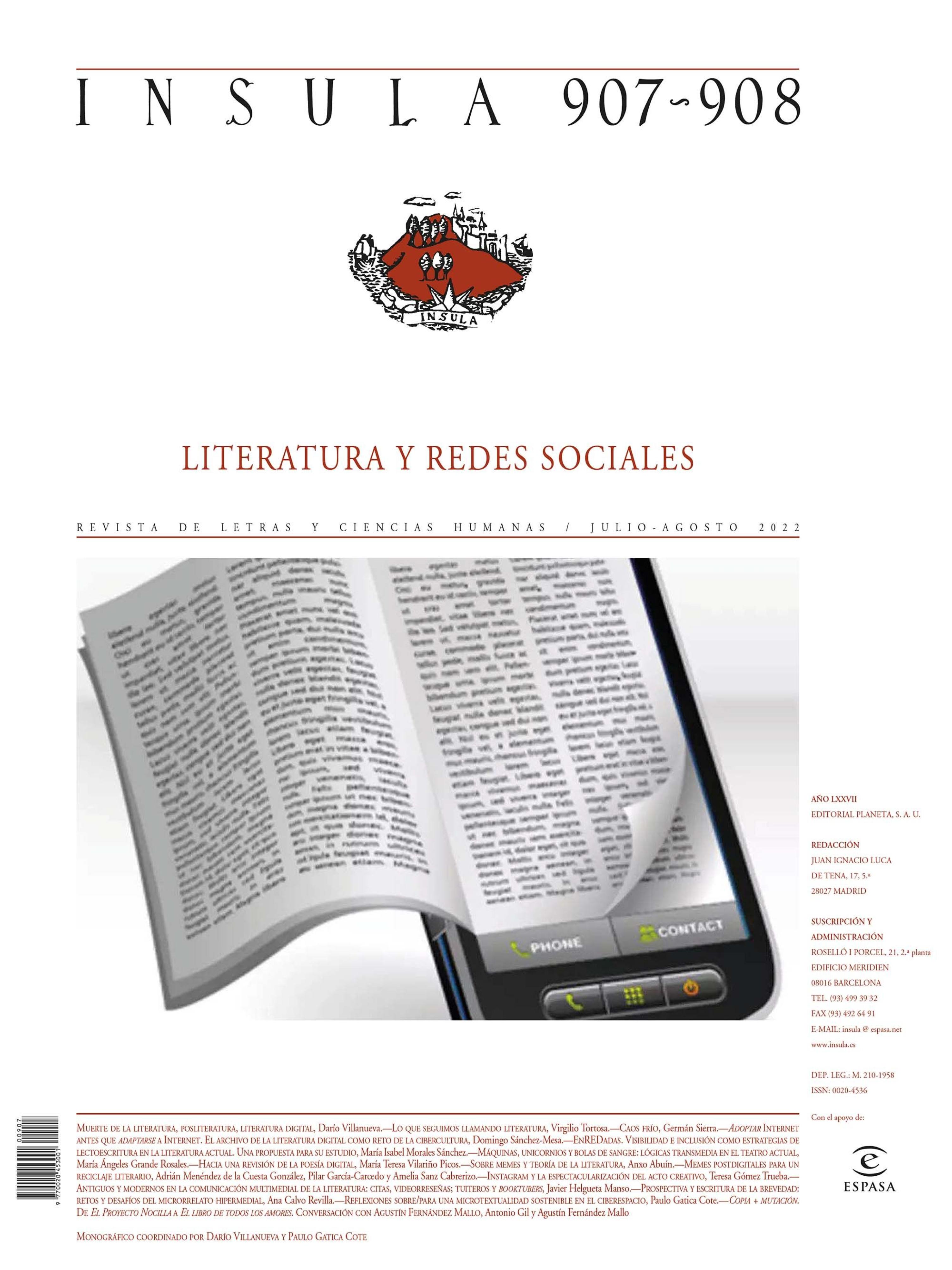 LITERATURA Y REDES SOCIALES (ÍNSULA N° 907/908, JULIO/AGOSTO DE 2022)
